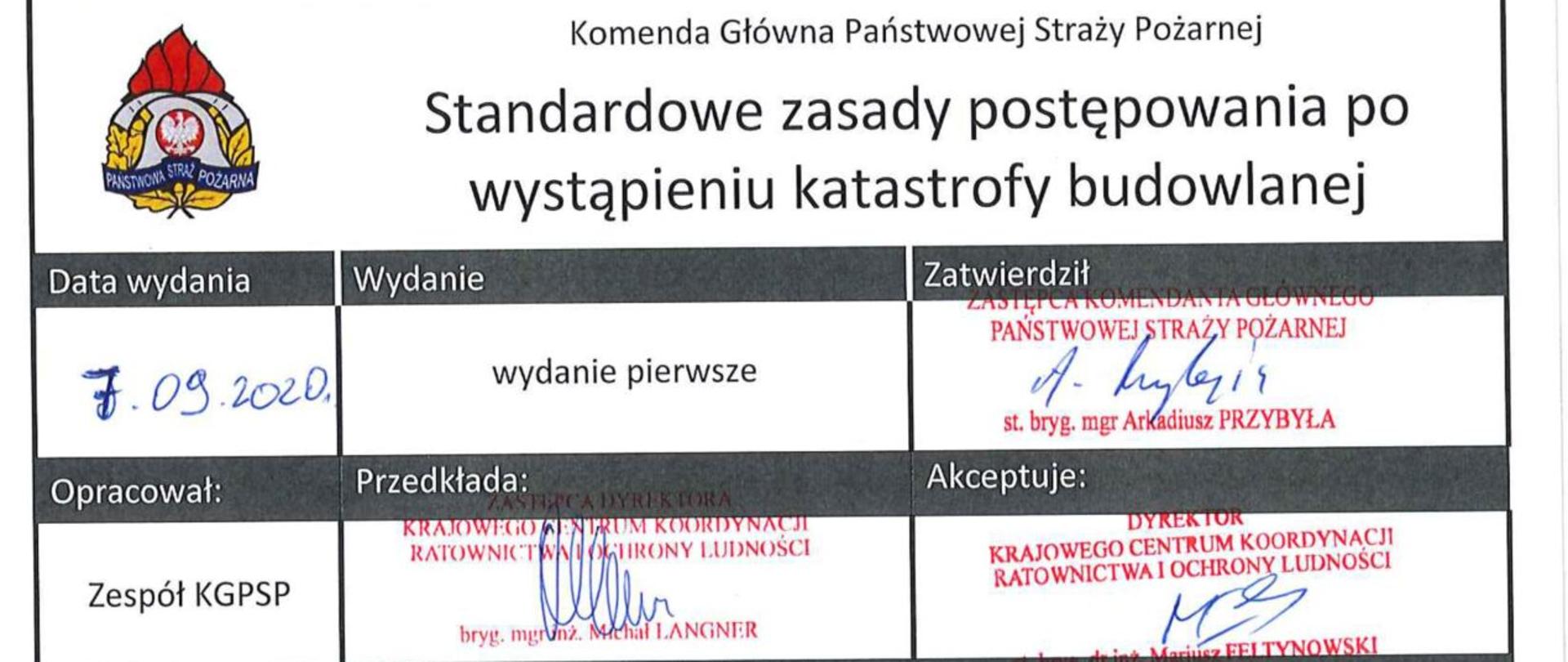 Pierwsza strona standardowych zasad postępowania po wystąpieniu katastrofy budowlanej. Dokument opracowany przez KG PSP z podpisami zespołu tworzącego z KG. 