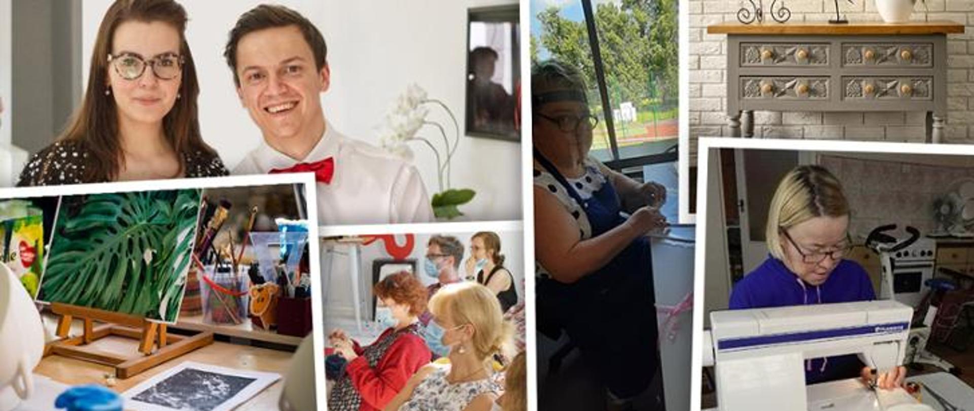 Kolaż obrazków, w tym przedstawiające ludzi młodych i osobę siedzącą przy maszynie do szycia.