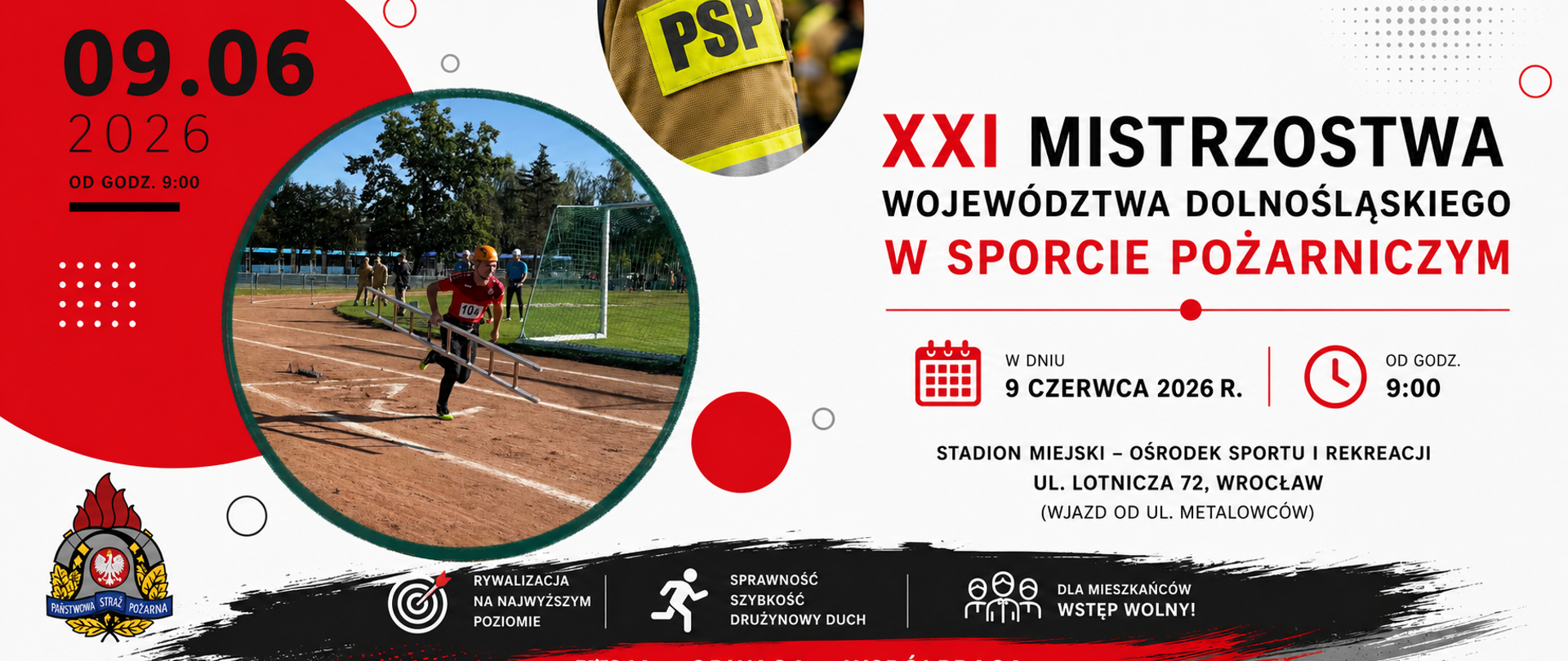 Plakat w dynamicznej, biało-czerwono-czarnej kolorystyce, zapraszający na XXI Mistrzostwa Województwa Dolnośląskiego w Sporcie Pożarniczym. Wydarzenie ma charakter sportowo-strażacki.