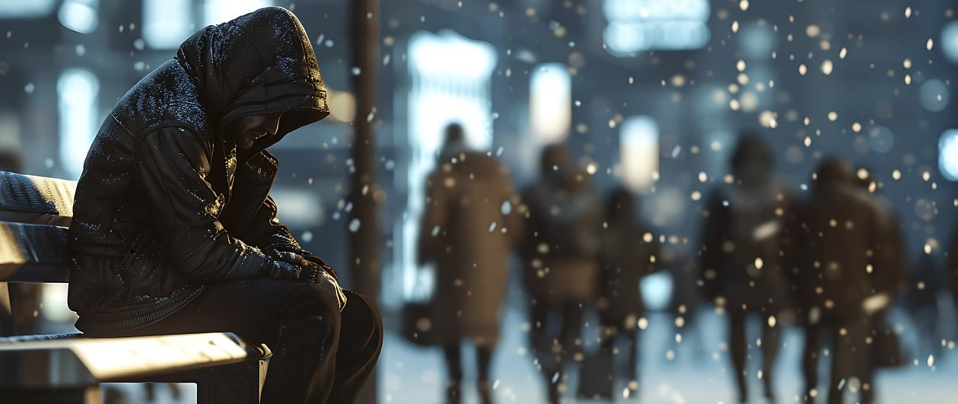 Na ławeczce z lewej strony fotografii siedzi bezdomny ze spuszczoną głową w kapturze.W dalekim tle przechodnie w zimowym klimacie.