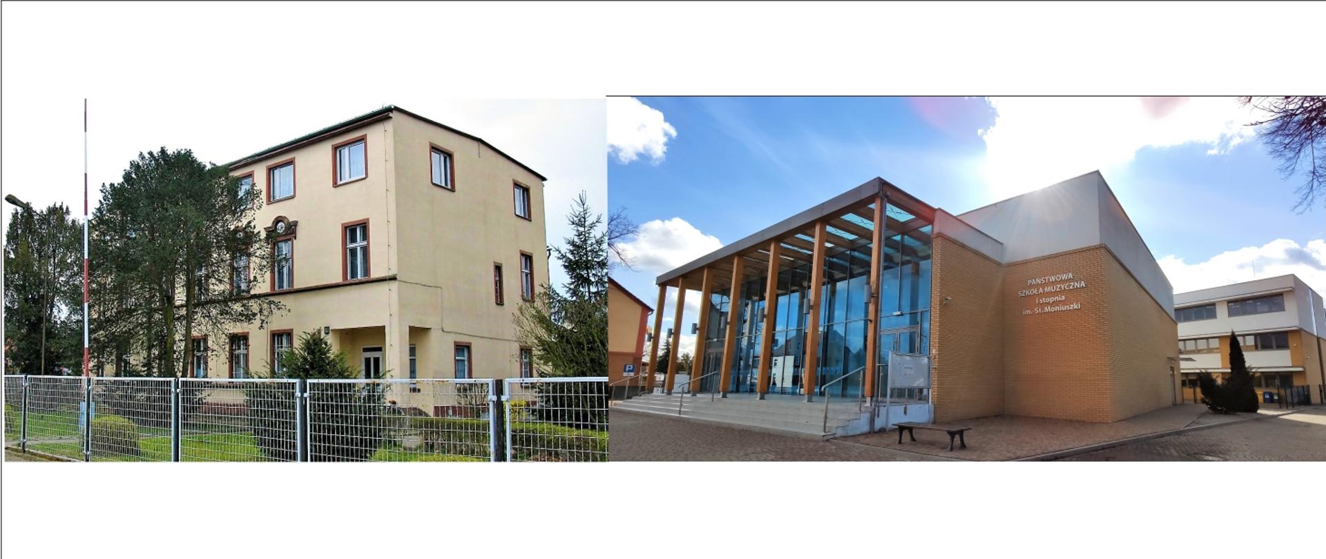 Obraz to dwa zdjęcia: o lewej stary budynek szkoły, o prawej nowy. Stary budynek: na ierwszym planie płot z szarej siatki, za nim rzadko posadzone krzewy i dwa drzewa, w tle fasada starego budynku szkoły muzycznej. Widoczny jest ganek z wejściem do szkoły okna oraz prawa boczna ściana budynku. Po prawej stronie na pierwszym planie oszklona fasad wejścia do szkoły muzycznej- sali koncertowe, następnie napis na murze Państwowa Szkoła Muzyczna I stopnia im. St. Moniuszki, w tle, po prawej stronie tuja oraz dwupiętrowy budynek dydaktyczny szkoły.