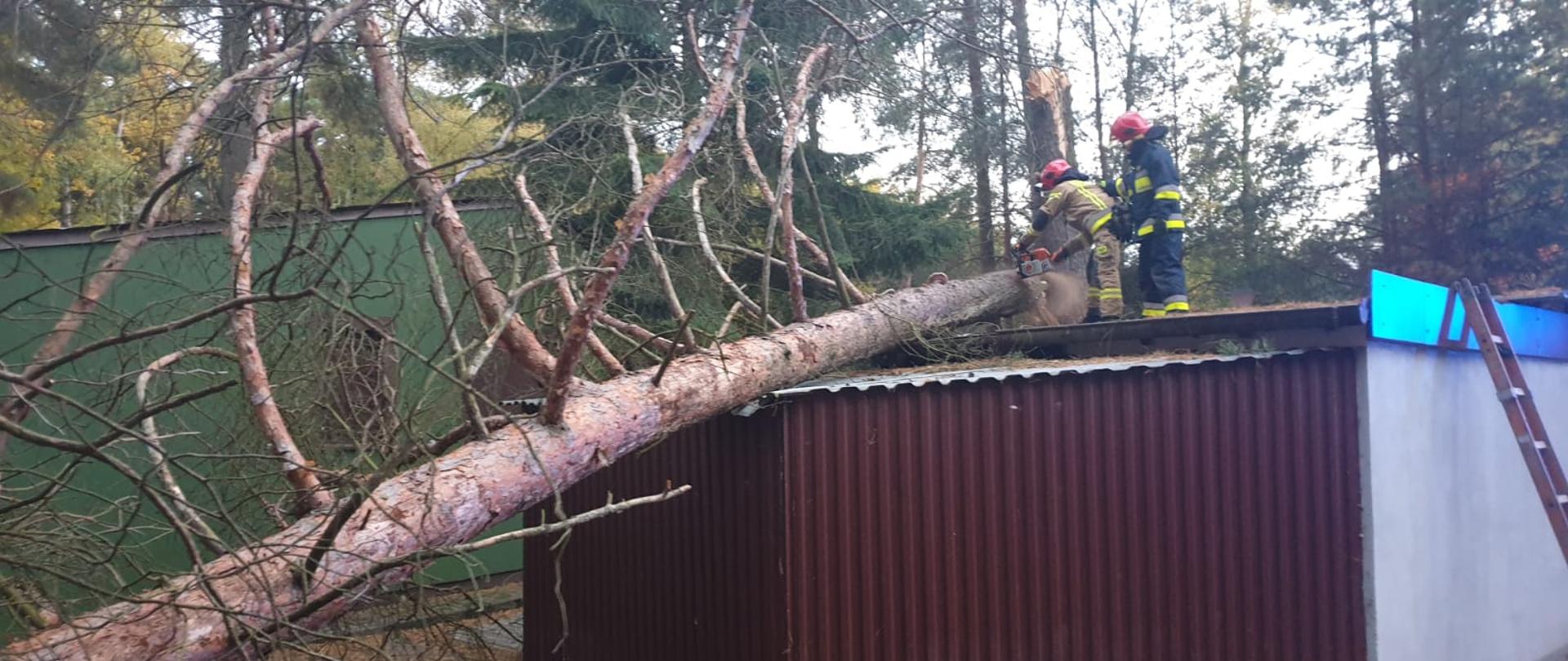 Zdjęcie przedstawia strażaków usuwających skutki nawałnic. Zwalone drzewo na obiekt handlowy. 
