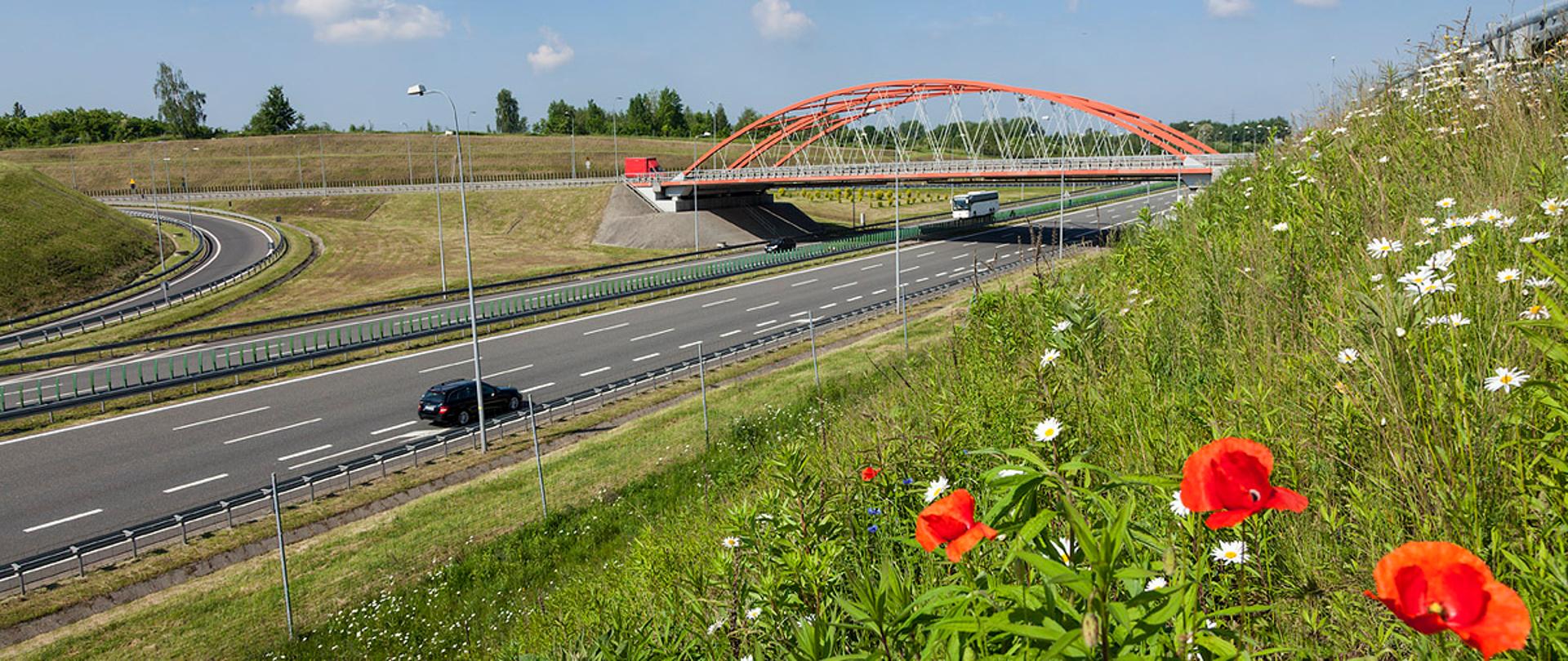 Na zdjęciu wiadukt nad autostradą A1 oraz pobocze i zieleń przy drodze