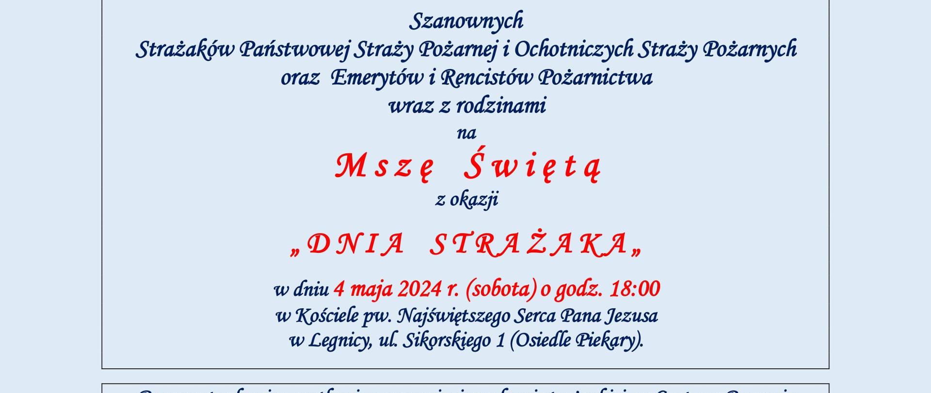 Zaproszenie na Mszę Św. z okazji Dnia Strażaka