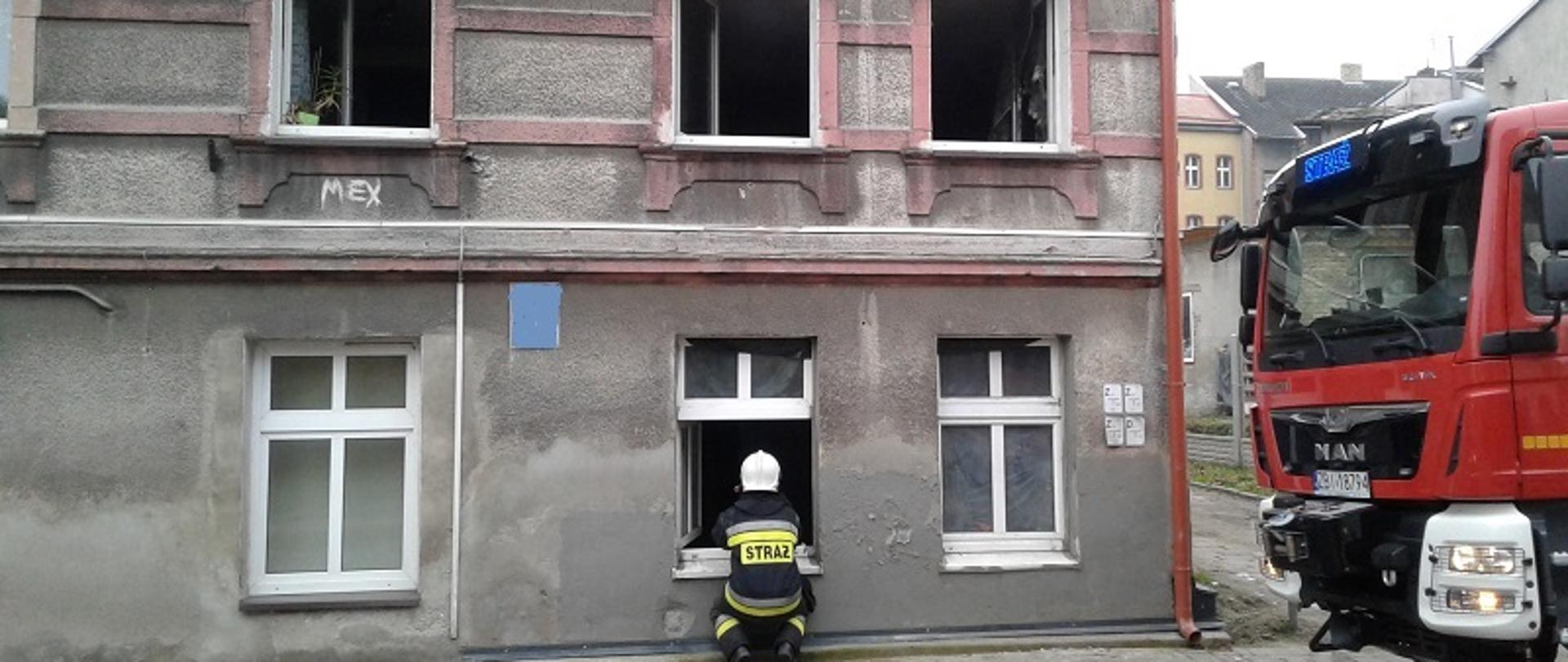 Zdjęcie przedstawia budynek mieszkalny jedno piętrowy kryty czerwoną blachodachówką, widok od strony ulicy. Budynek koloru szarego. Widoczne trzy otwarte okna na pierwszym piętrze i trzy okna parteru. Strażak w ubraniu specjalnym i białym hełmie w pozycji klęczącej zagląda przez otwarte okno środkowe parteru do wnętrza pomieszczenia. Z prawej strony widoczna kabina samochodu strażackiego.