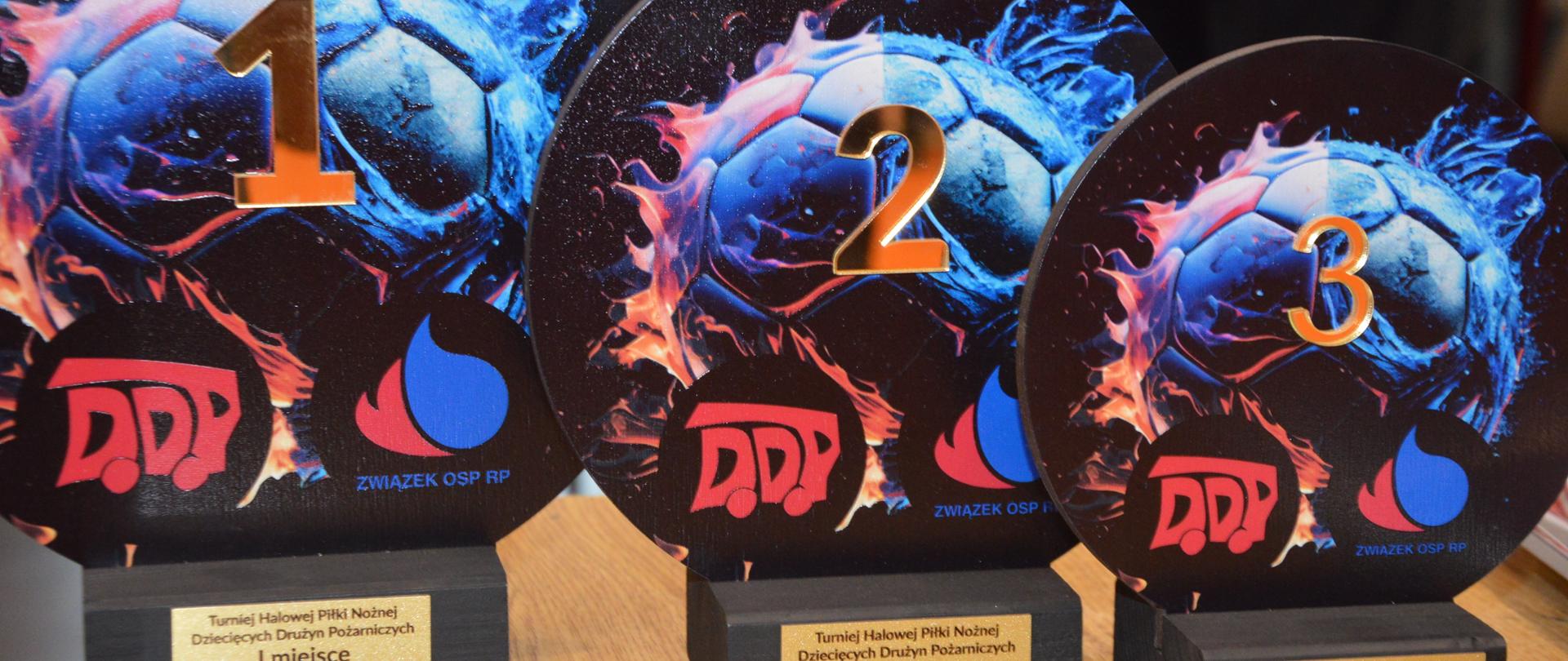 Na stole stoją trzy statuetki w kształcie koła za zdobycie I, II i III miejsca w turnieju. Na statuetkach widnieje płonąca piłka, a w dolnej części każdej z nich znajduje się logo DDP oraz Związku OSP RP. Ta tabliczkach umieszczonych na statuetkach napis: Turniej Halowej Piłki Nożnej Dziecięcych Drużyn Pożarniczych I miejsce (II miejsce; III miejsce) Szkaradowo 2024.