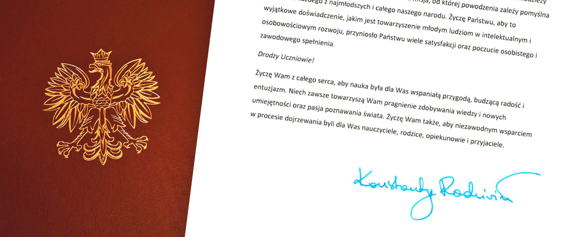 list z życzeniami z podpisem Wojewody na brązowej teczce ze złotym godłem Polski