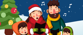 Plakat koncertu ze zdjęciem rodziny śpiewającej kolędy na tle zimowego krajobrazu