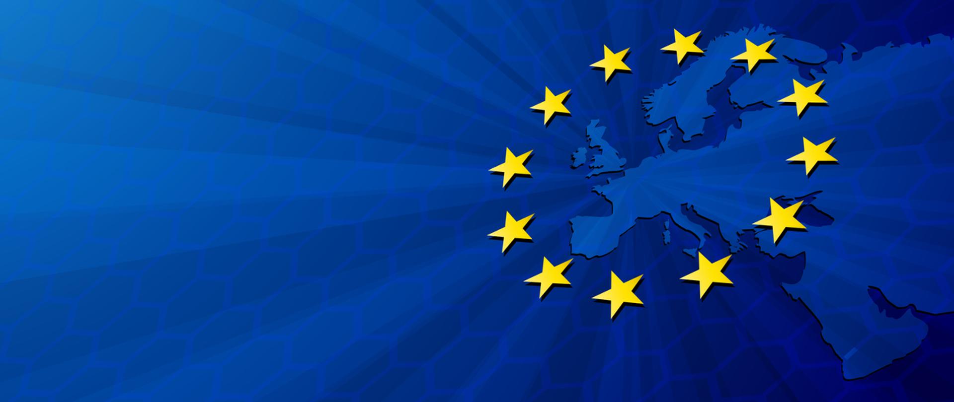 Unia Europejska. Wektor mapa Europy z flagą Unii Europejskiej. Niebieskie tło i żółte gwiazdy.