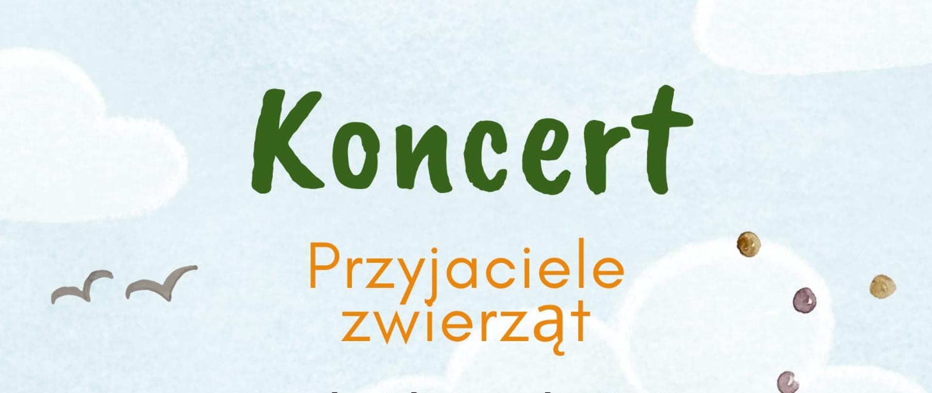 kolorowy plakat z elementami przyrody. U dołu na zielonej trawie trzy pieski. U góry błękitne niebo z obłokami i ptakami.