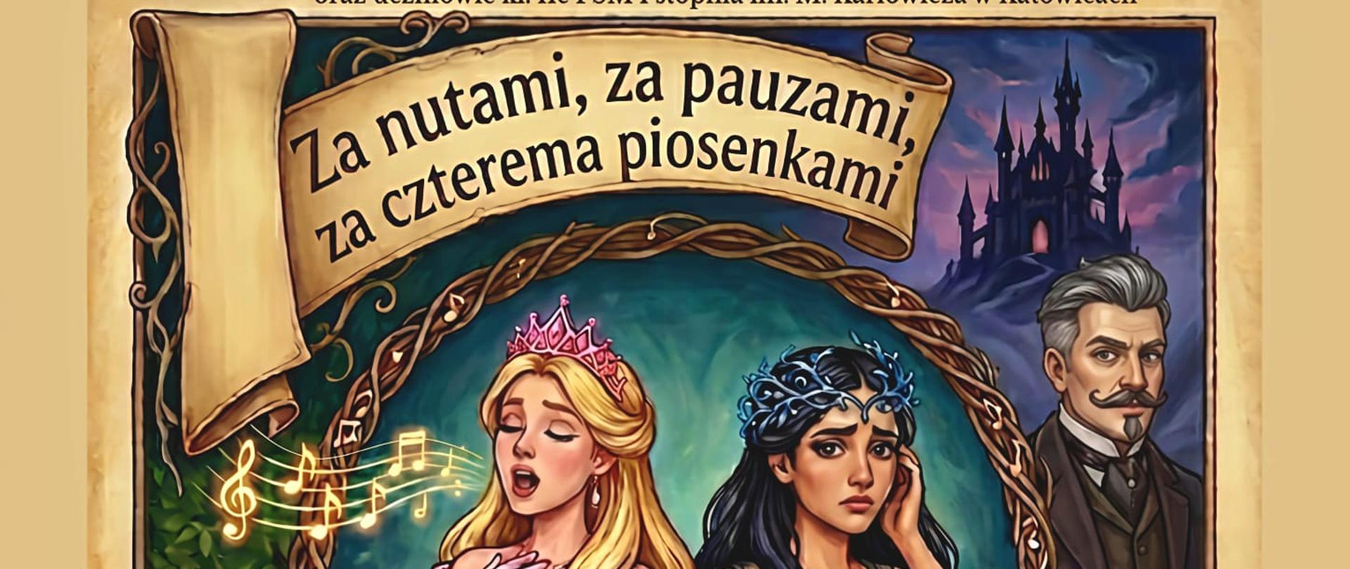 Plakat stylizowany na bogato ilustrowaną stronę z księgi baśni.
Grafika centralna: Ilustracja przedstawia magiczny las. W jego dolnej części widać postać kobiety z mapą oraz dziewczynkę z czarodziejską różdżką. Wokół nich znajdują się krasnoludki, żaby, śpiewające ptaki oraz mroczne cienie przypominające potwory.
Górna część grafiki: W ozdobnym medalionie w kształcie pętli widnieją dwie postacie trzymające się za ręce: blondynka w różowej sukni i koronie (śpiewająca nuty) oraz dziewczyna z ciemnymi włosami w wianku z cierni. Obok nich widoczny jest mężczyzna w garniturze oraz mroczny zamek na wzgórzu.
Treść napisów (od góry): * Informacja o wykonawcach: studentki specjalności Rytmika Akademii Muzycznej im. K. Szymanowskiego w Katowicach oraz uczniowie kl. IIc PSM I stopnia im. M. Karłowicza w Katowicach.
Tytuł na ozdobnej wstędze: Za nutami, za pauzami, za czterema piosenkami.
Informacje organizacyjne (na dole na zwoju papieru):
Data i godzina: 14 maja 2026, 11:00.
Miejsce: Sala teatralna Akademii Muzycznej im. Karola Szymanowskiego w Katowicach, ul. Krasińskiego 27.
Stopka: Informacja o dyplomie licencjackim studentek III roku: Amelii Madej, Katarzyny Nocoń-Ogórek, Natalii Stępień, Nadii Wiesner pod kierunkiem dr hab. Anny Lipiec.
