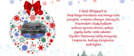 Plakat na białym tle z zimową grafiką oraz kolorową bombką z logiem szkoły i widokiem sceny sali koncertowej .Po prawej stronie życzenia świąteczne " Z okazji zbliżających się świąt Bożego Narodzenia oraz Nowego Roku przesyłam w imieniu własnym, Nauczycieli, Pracowników i Rady Rodziców serdeczne życzenia zdrowia, spokoju, pogody ducha i wielu sukcesów. Dyrektor Państwowej Szkoły Muzycznej I stopnia im. Andrzeja Kurylewicza Jacek Rybitw.