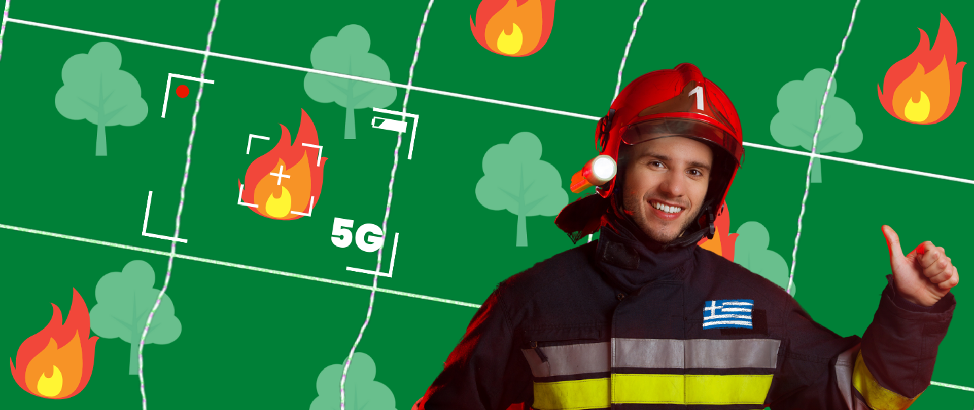 Grafika przedstawia mapę przedstawiająca uproszczony las i pojawiające się w kilku miejscach płomienie. Jeden z płomieni jest uchwycony w prostokątnym celowniku. Na pierwszym planie fotografia uśmiechniętego strażaka z flagą Grecji na piersi, pokazującego znak kciuka w górę. 