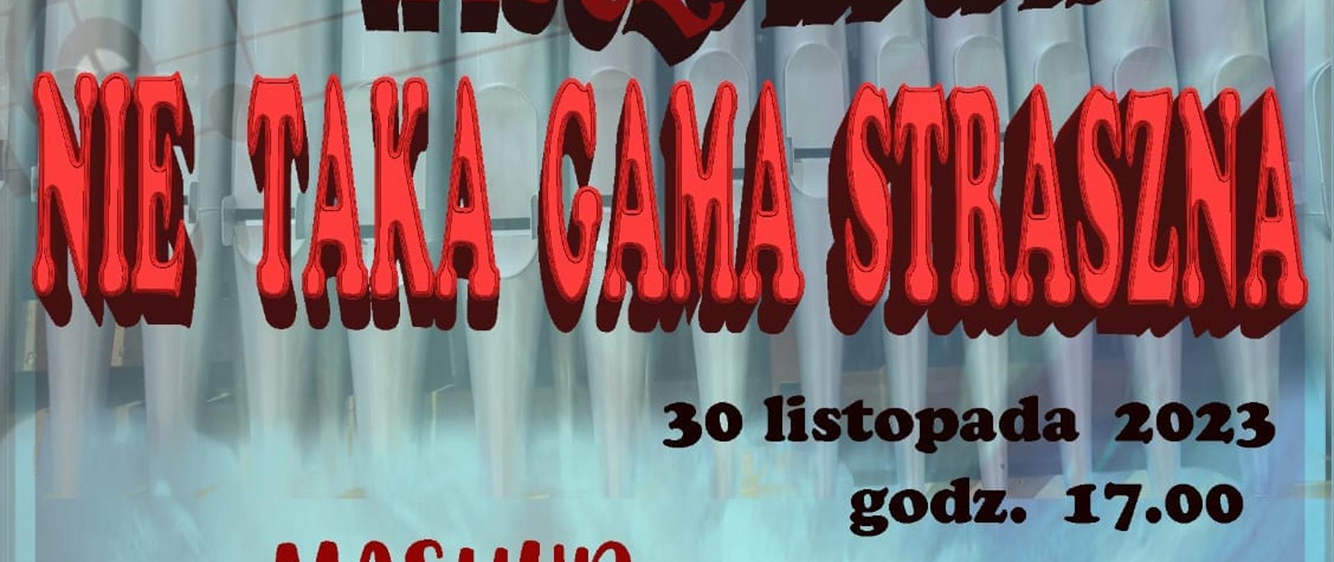 na dole plakatu logotypy organizatora i partnerów. W tle plakatu skrzypce i nutki. W górnej części plakatu nazwa szkoły i koncertu. Nazwa koncertu wypisana czerwoną trzcinką. Data i godzina koncertu po prawej stronie czarna czcionka. Barwy plakatu to głównie kolor czerwony i niebieski. 