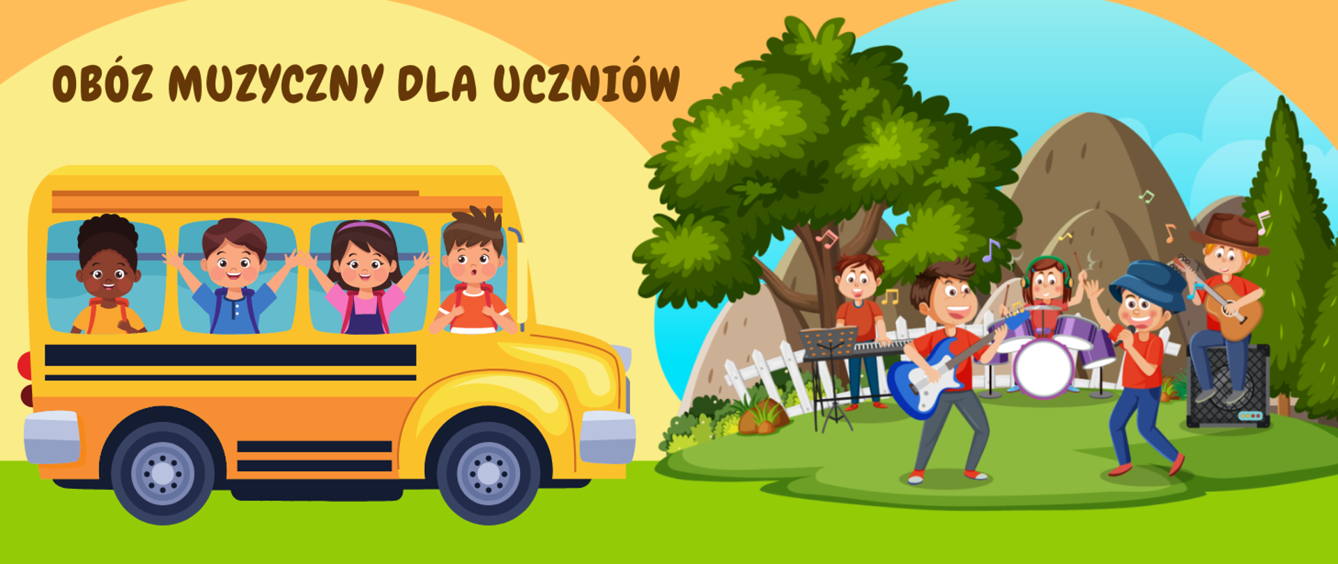 Tło obrazka po lewej stronie w odcieniu lekko pomarańczowym oraz żółty autobus z wesołymi dziećmi wyglądającymi przez okna. Po prawej stronie na zielonej łące i błękitnym niebie grupka dzieci grających na instrumentach muzycznych (gitarze, keybordzie, perkusji). W tle za nimi drzewa i góry.