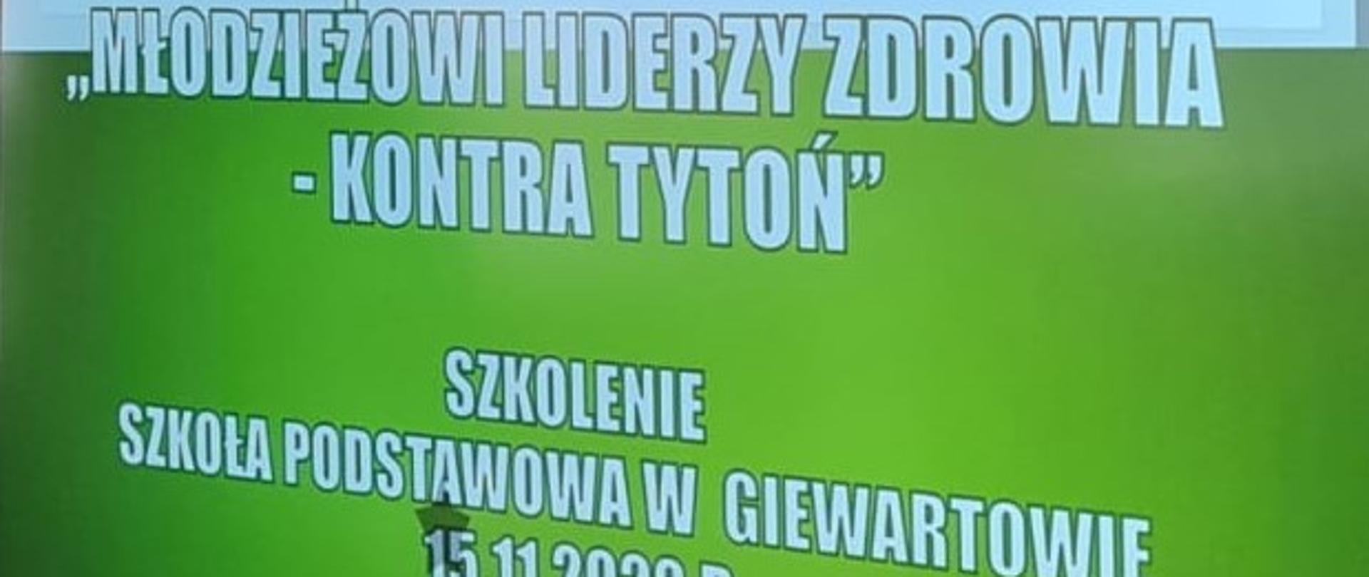 slajd z logo Państwowej Inspekcji Sanitarnej, zakazem palenia i napisem Młodzieżowi Liderzy Zdrowia - kontra tytoń