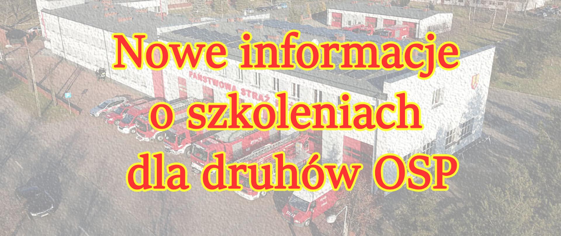 Zdjęcie przedstawia budynek Komendy Powiatowej PSP w Łowiczu oraz Jednostki Ratowniczo-Gaśniczej z lotu ptaka. Przede budynkiem JRG na tle czerwonych bram garażowych stoi osiem samochodów strażackich skierowanych frontem do ulicy Seminaryjnej. W tle budynek garażowy a przed nim trzy pojazdy straży pożarnej. Oba budynki barwy białej, na budynku JRG widniej duży czerwony napis „PAŃSTWOWA STRAŻ POŻARNA”.
