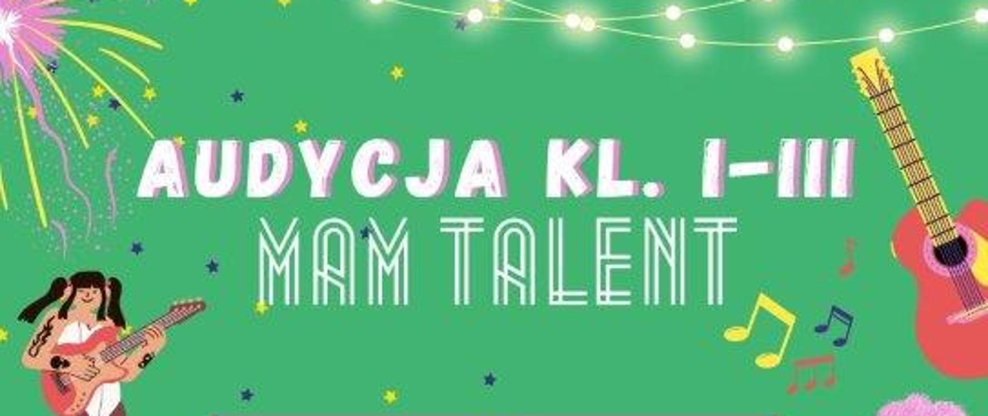z lewej strony grafika przedstawiająca dziewczynki grające na gitarze elektrycznej i fortepianie, z prawej czerwoną gitarę oraz chłopca grającego na keyboardzie, całość na zielonym tle