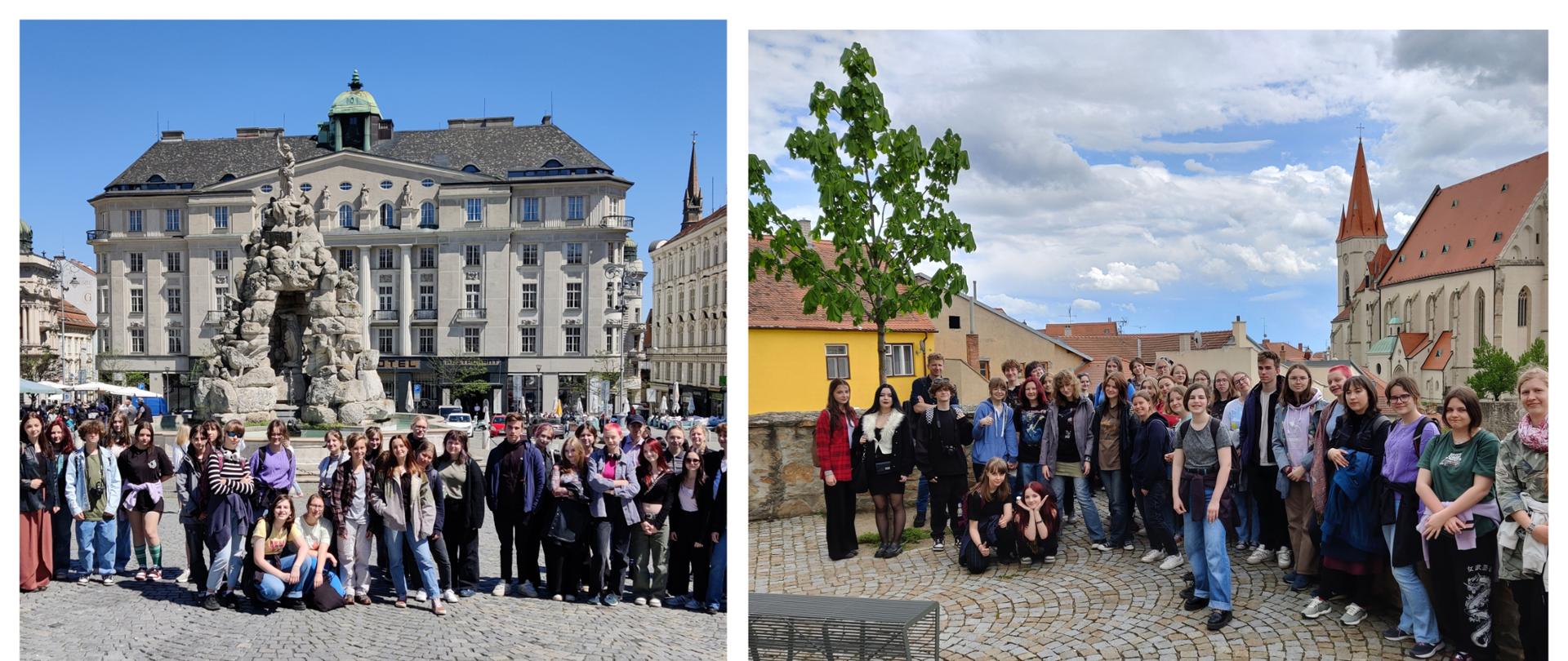 Kolaż składający się z 5 fotografii przedstawiających uczestników wyjazdu zabytkoznawczego 2023 na tle obiektów architektonicznych Polski i Czech.
