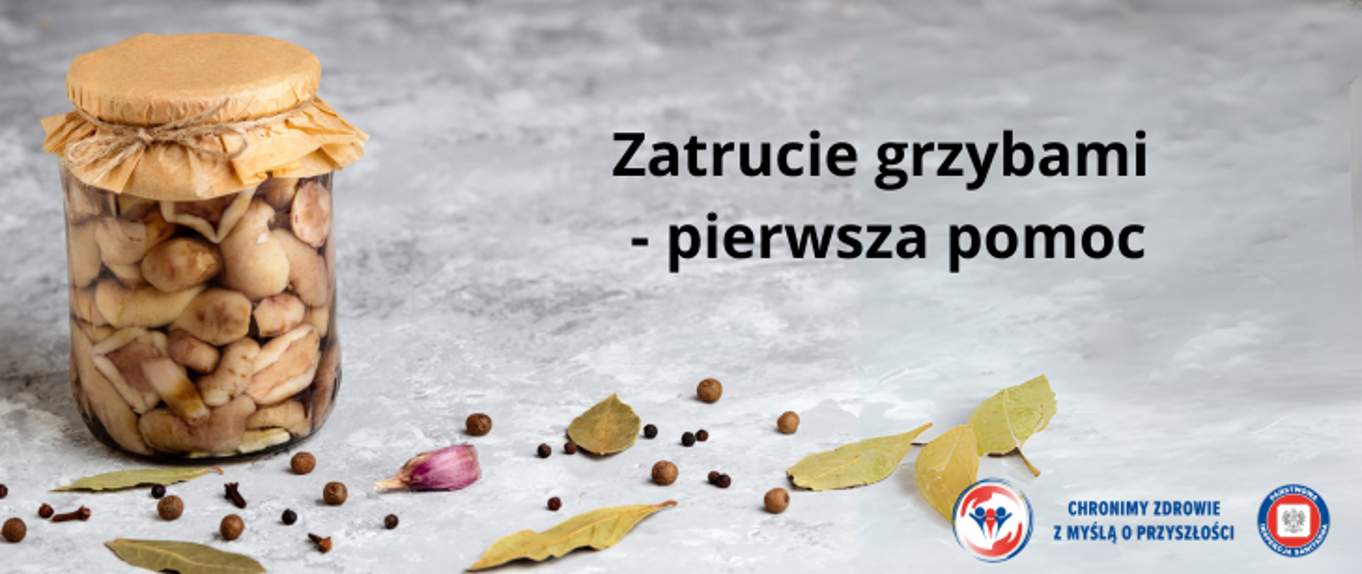 Grafika przedstawia słoik z marynowanymi grzybami leśnymi, który jest zakręcony a wieczko okryte jest papierem i przewiązane sznurkiem. Wokół słoika, który znajduje się na blacie porozrzucanę są liście laurowe, ziele angielskie, czosnek i goździki. Na środku umieszczono napis Zatrucie grzybami - pierwsza pomoc. W prawym dolnym rogu znajdują się dwa logo Inspekcji Sanitarnej oraz napis Chronimy Zdrowie z Myślą o Przyszłości. 