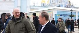 Premier Donald Tusk i Premier Ukrainy Denys Smyhal podczas spotkania w Ukrainie w Kijowie.,