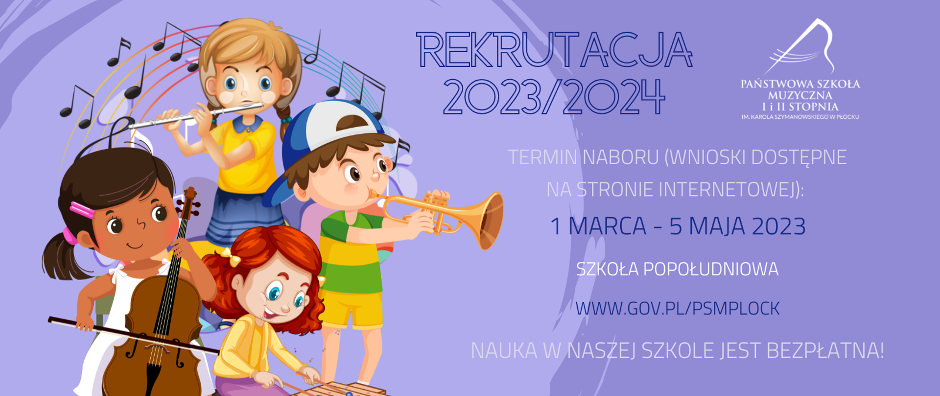 Grafika na fioletowym tle: po lewej stronie dzieci grające na instrumentach, po prawej tekst