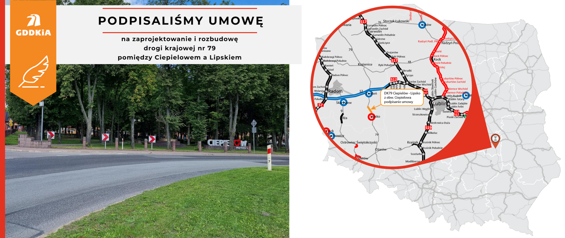 Grafika przedstawia mapę z zaznaczonym odcinkiem drogi przeznaczonej do rozbudowy.