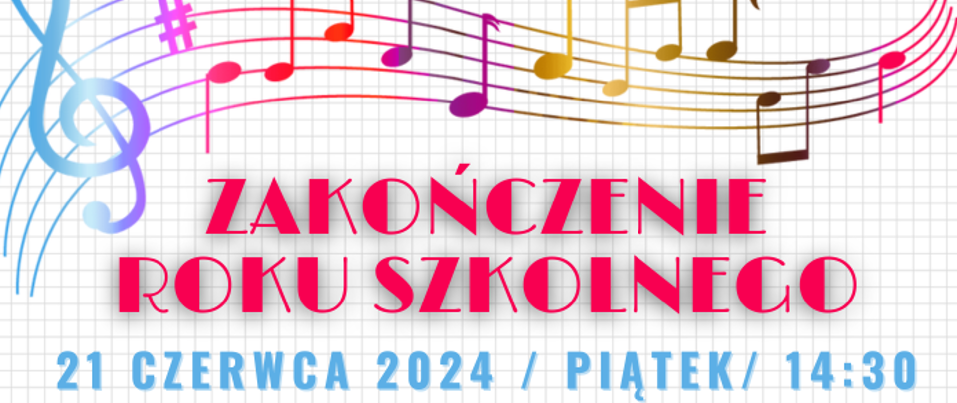 tło w kolorze białym z elementami pięciolinii i klucza wiolinowego. Napisy w kolorach: czerwonym i niebieskim.