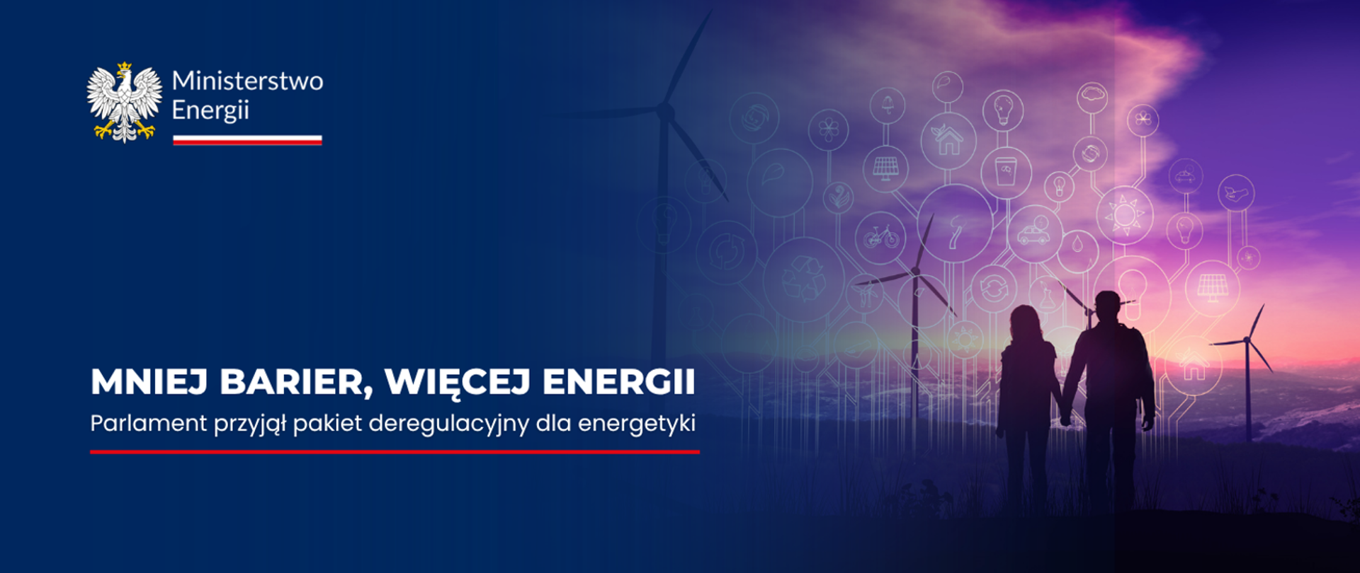 Grafika informacyjna Ministerstwa Energii dotycząca pakietu deregulacyjnego dla energetyki. Przedstawia krajobraz z turbinami wiatrowymi na tle wielobarwnego nieba o zachodzie słońca, sylwetki dwóch osób oraz sieć połączonych ikon symbolizujących energetykę, odnawialne źródła energii i nowoczesne technologie. Po lewej stronie znajdują się godło RP, logotyp Ministerstwa Energii oraz napis: „MNIEJ BARIER, WIĘCEJ ENERGII. Parlament przyjął pakiet deregulacyjny dla energetyki”.