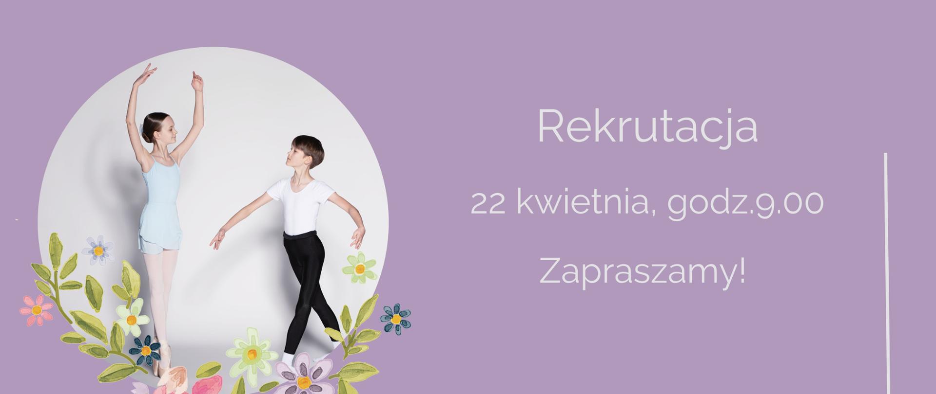 Plakat na rekrutację, fioletowe tło. Po lewej stronie dwóch uczniów otoczonych kwiatami. Po prawej stronie napis związany z naborem do szkoły.