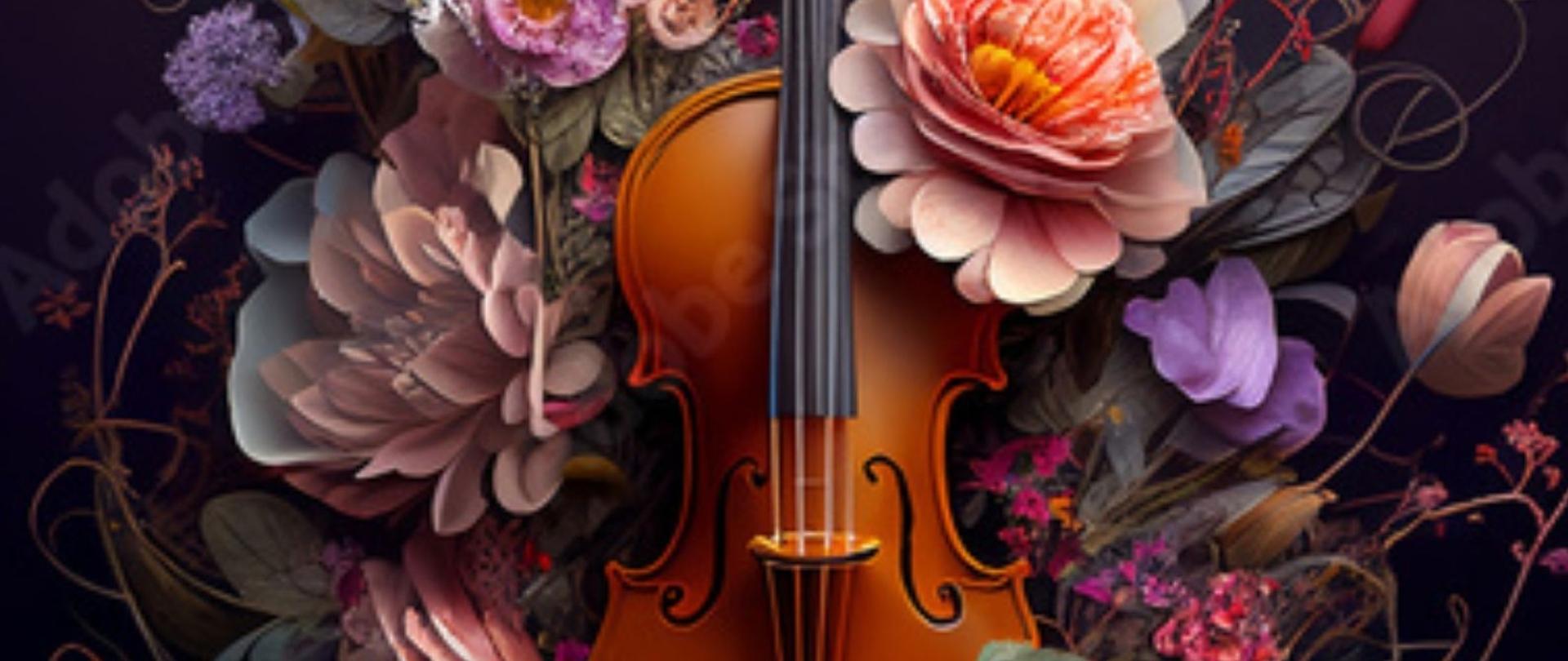 Plakat w pionie informujący o audycji uczniów klasy skrzypiec p. Joanny Walickiej. Przy fortepianie p. Joanna Orzeł-Filipkowska. Tło plakatu w kolorze ciemnego wina, po środku grafika skrzypiec wśród wiosennych kwiatów. U góry nazwa wydarzenia jasnymi literami : Skrzypcowe granie. U dołu data i godzina wydarzenia. 