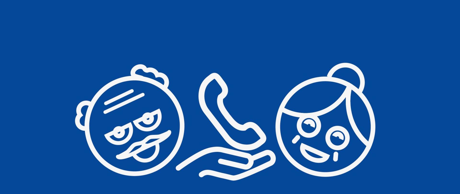 dwie uśmiechnięte buźki na niebieskim tle i napis telefon serdeczności