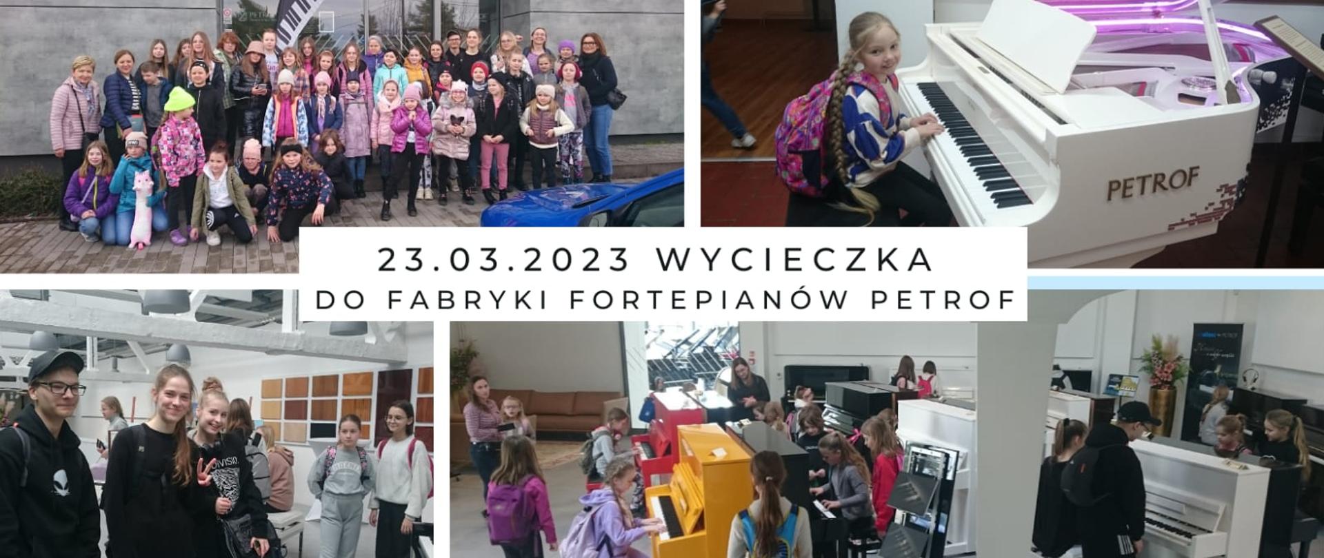 Zdjęcie promocyjne przedstawia 5 odrębnych obrazów, które przedstawiają uczniów zwiedzających fabrykę fortepianów w Czechach. 