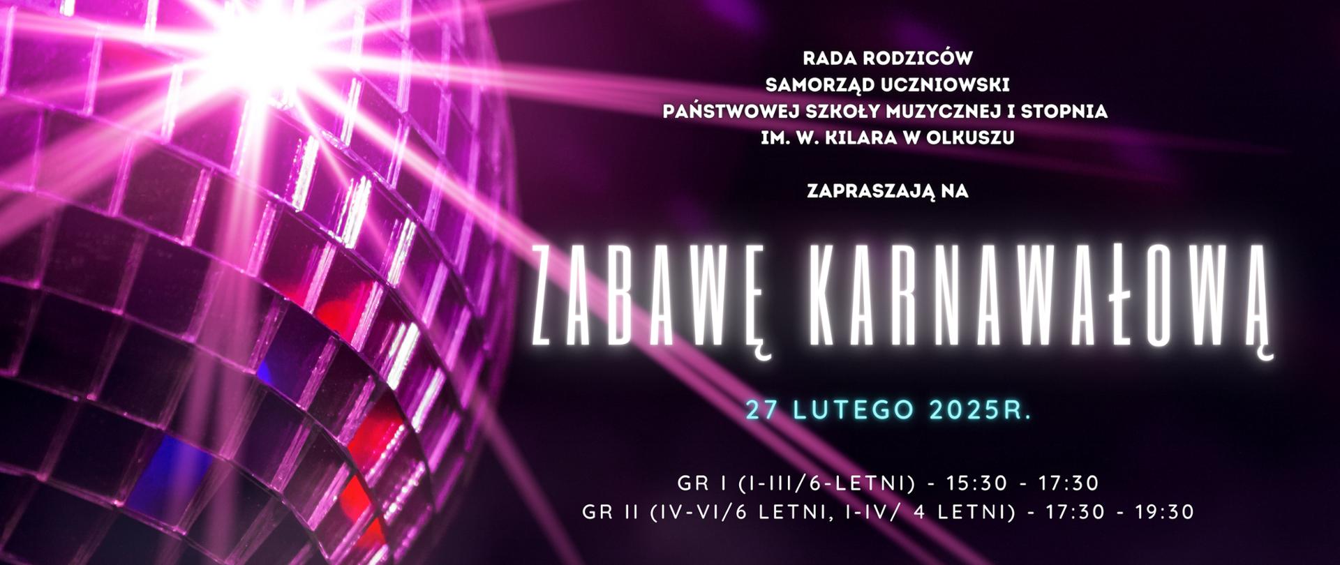 fioletowo-czarne tło, kula dyskotekowa z lewej strony, białe napisy