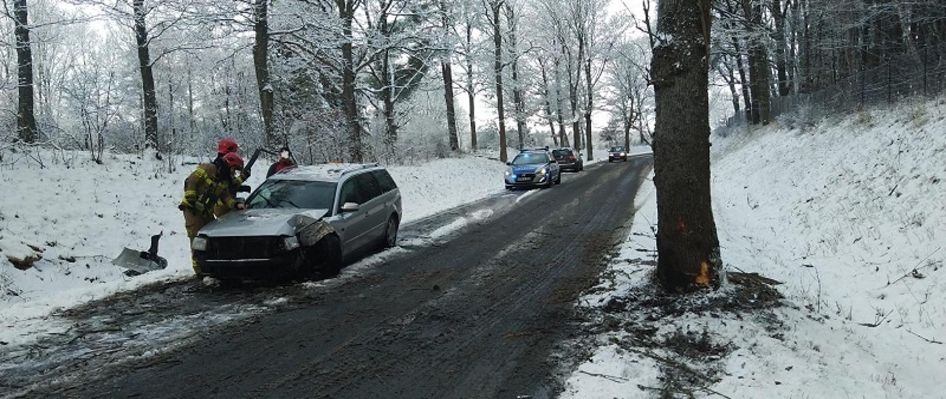 Zdjęcie przedstawia stojący na drodze srebrny samochód VW z widocznymi zgnieceniami karoserii lewego – przedniego nadkola od strony kierowcy. Pojazd stoi przodem do wykonującego zdjęcie. Droga i pobocze w pokryte jest śniegiem. Po prawej stronie zdjęcia znajduje się drzewo z obdartą korą w dolnej części. Na drodze za uszkodzonym samochodem stoją trzy pojazdy, pierwszy z nich to policyjny radiowóz. Dwaj strażacy w ubraniach specjalnych stoją przy rozbitym pojeździe od strony pobocza