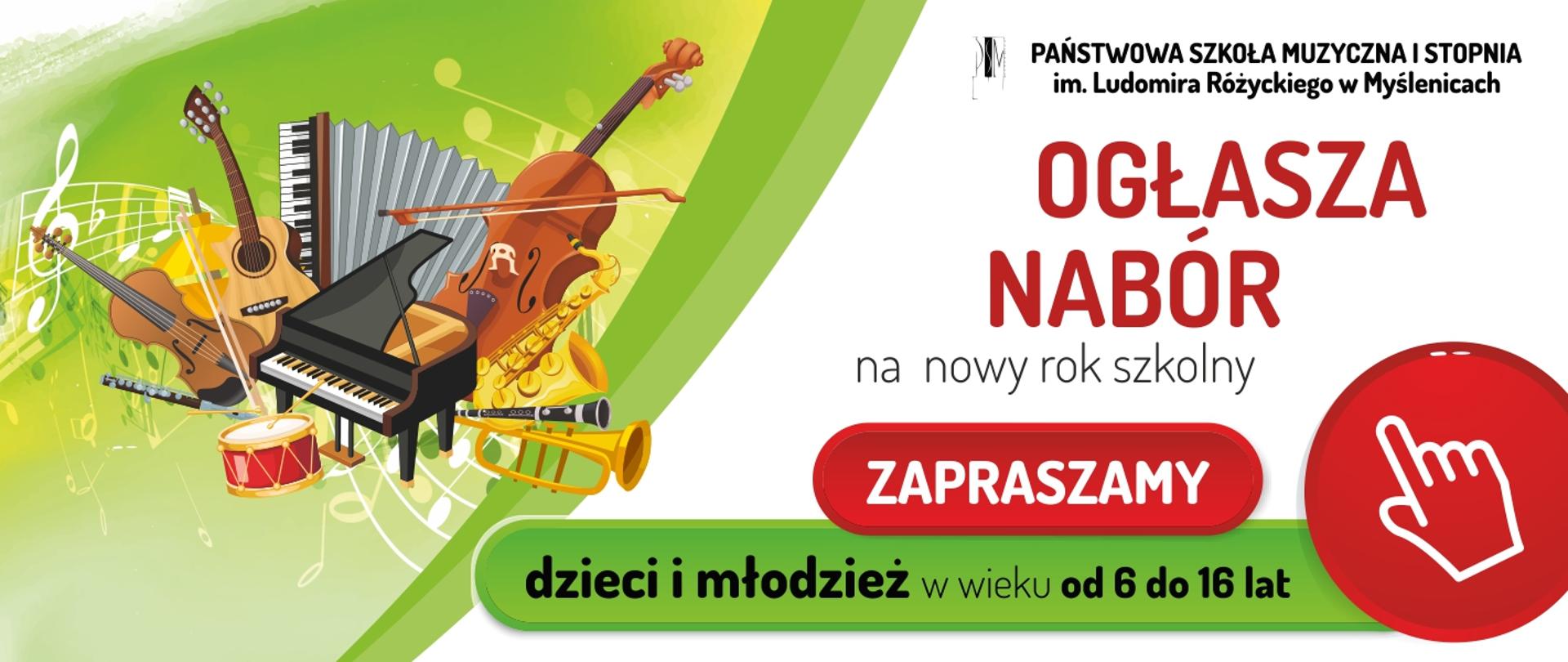 Baner ogłaszający nabór na rok szkolny 2025/26 na biało zielonym tle