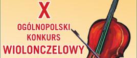 Plakat konkursu wiolonczelowego, na cieniowanym kremowo, pomarańczowym tle po prawej stronie znajduje się duża grafika wiolonczeli. Na górze plakatu po prawej stronie logo szkoły, po lewej stronie w rogu plakatu, logo Centrum Edukacji Artystycznej. Na środku plakatu na górze wymienieni są organizatorzy konkursu: Centrum Edukacji Artystycznej i PSM w Sochaczewie. Poniżej na czerwonym pasku biały napis XIX Sochaczewskie Spotkania Wiolonczelowe. Obok grafiki wiolonczeli czerwony napis X Ogólnopolski Konkurs Wiolonczelowy w Sochaczewie. Na dole plakatu data konkursu 10 - 12 stycznia 2023 r. i napis Sfinansowano ze środków Centrum Edukacji Artystycznej
