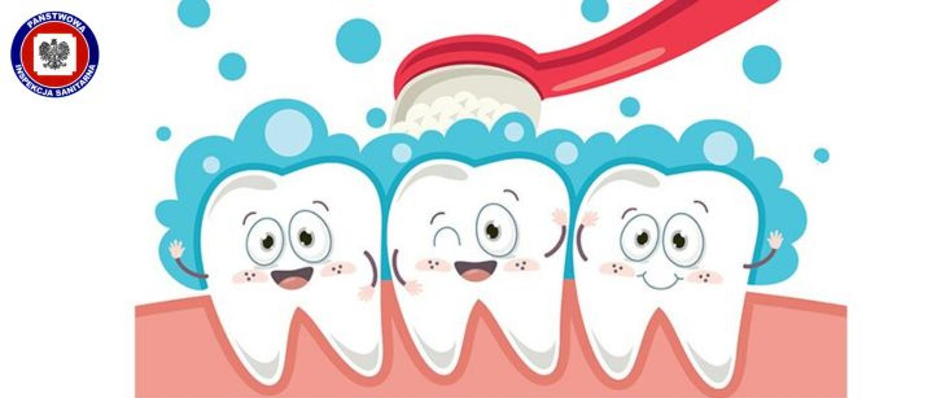 Trzy białe uśmiechnięte ząbki całe w niebieskiej pianie są szorowane przez czerwoną szczoteczkę. W Lewym górnym rogu logo Państwowej Inspekcji Sanitarnej.