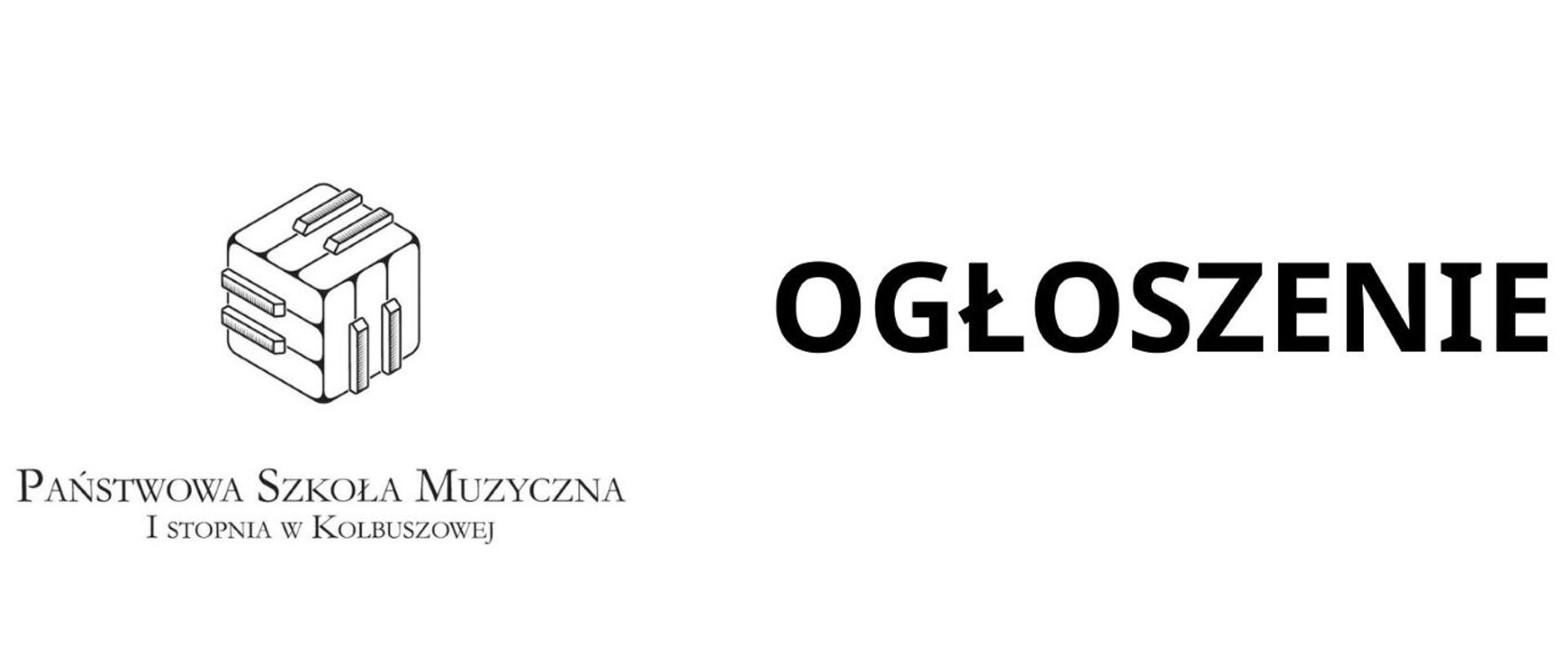 Ogłoszenie w kolorze czarnym na białym tle. Z lewej strony logo szkoły w kolorze czarnym. 