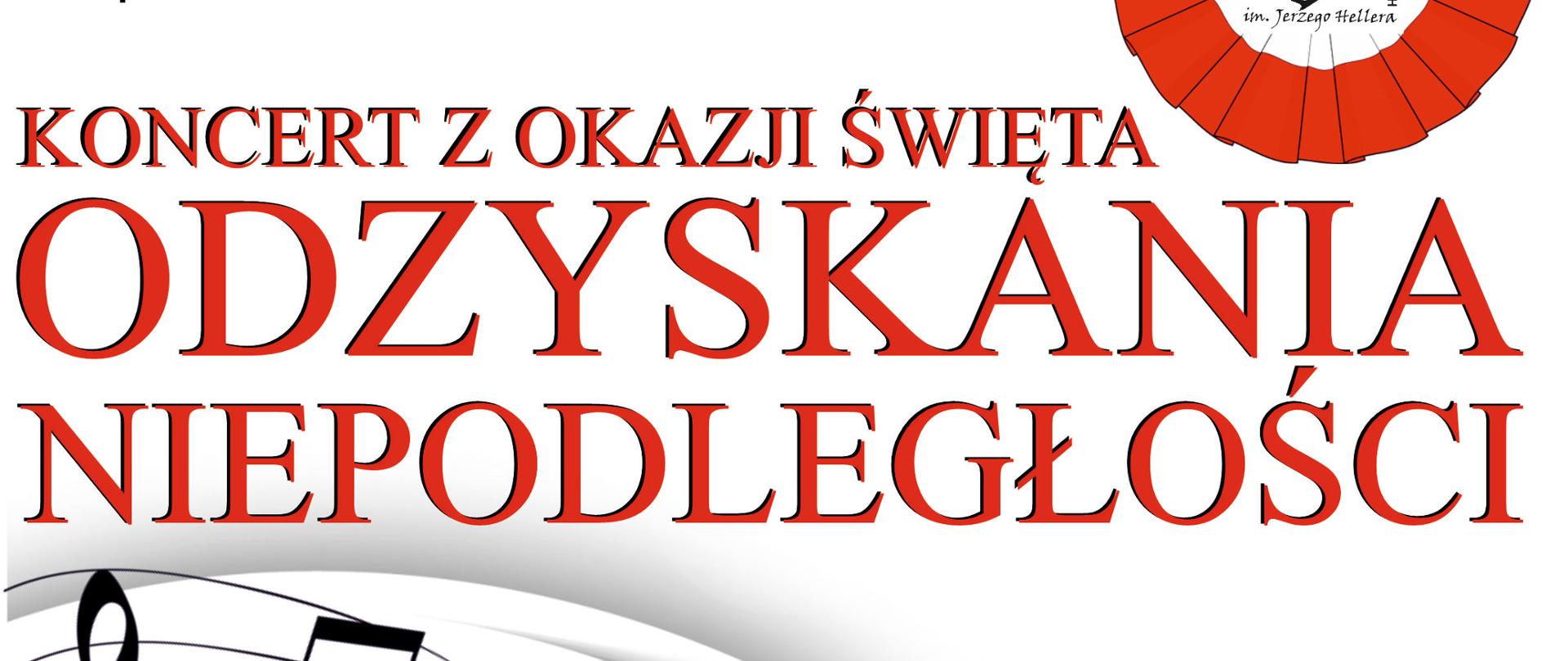 Plakat białe tło w połowie przechodzi w tło czerwone wygięte jakby fragment wiolonczeli albo skrzypiec na tym tle czarna pofalowana mocno pięciolinia z nutami oraz kluczem wiolinowym oddalająca się w kierunku prawej strony w prawym górnym rogu logo szkoły czarne według ustalonego znaku wokół czerwony koło rodzaj kotylionu budzące skojarzenia z bibułą napis państwowa szkoła muzyczna pierwszego stopnia w Głuchołazach zaprasza na koncert z okazji święta odzyskania niepodległości poniżej białe litery 6 listopada 2025 godzina 16:30 sala kameralna wstęp wolny