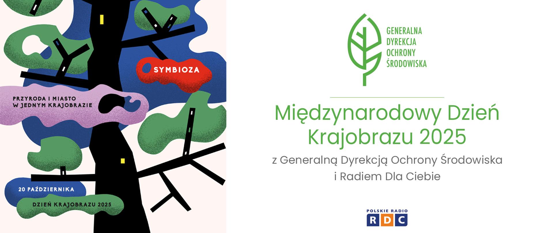 Lewa strona zdjęcia to stylizowana grafika, utrzymana w ciemnych barwach (granat, czerń), z kontrastującymi elementami w kolorach zielonym, czerwonym i fioletowym, symbolizującymi przyrodę i miasto w abstrakcyjny sposób. Elementy, które można dostrzec to: drzewo/korony drzew w zielonych kolorach; ciemne pnie drzew i gałęzie. Na grafice znajdują się także napisy (od góry): "SYMBIOZA" (w czerwonym owalu); "PRZYRODA I MIASTO W JEDNYM KRAJOBRAZIE" (czarny tekst na fioletowym tle); "20 PAŹDZIERNIKA" (biały tekst na niebieskim tle); "DZIEŃ KRAJOBRAZU 2025" (biały tekst na dole). Prawa strona to jasne tło z logotypem Generalnej Dyrekcji Ochrony Środowiska w centralnym punkcie (zielony liść). Pod logotypem duży zielony tytuł: "Międzynarodowy Dzień Krajobrazu 2025" oraz podtytuł: "z Generalną Dyrekcją Ochrony Środowiska i Radiem Dla Ciebie" (mniejszy tekst w szarym kolorze). Pod spodem znajduje się logotyp stacji radiowej: widoczny jest tekst "POLSKIE RADIO", poniżej duże litery "RDC" umieszczone w trzech lekko zaokrąglonych prostokątach. 