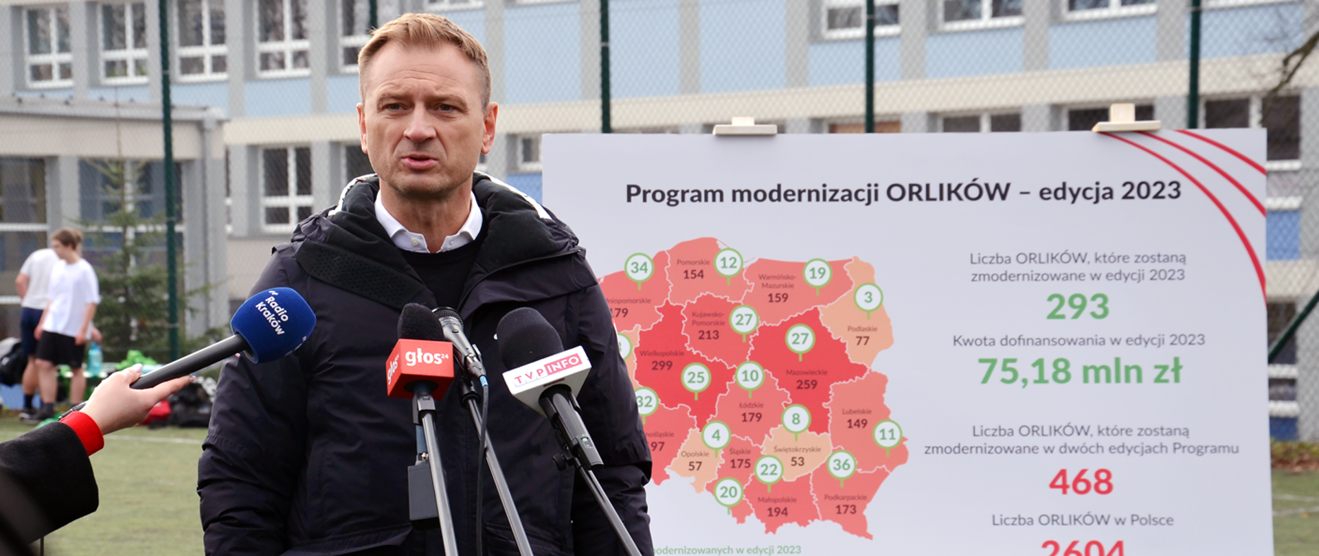 Minister Sławomir Nitras rozstrzygnął Program modernizacji Orlików - minister podczas konferencji prasowej stoi na płycie boiska Orlik, przemawia do mikrofonów; za jego plecami grafika z mapą Polski i liczbami dotyczącymi realizacji Programu; w tle młodzież w strojach sportowych
