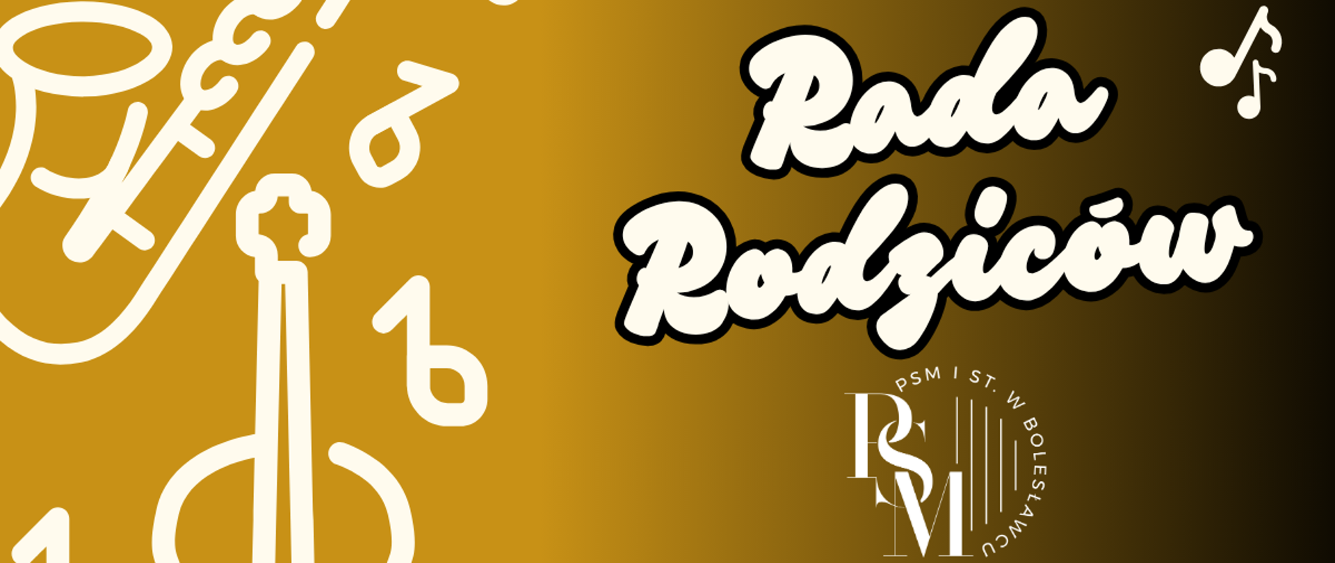 Grafika w tle beżowym z przejściem gradientowym od prawej strony w kolor czerwieni. Przestawia po lewej stronie biały obrys graficzny instrumentów - saksofonu oraz wiolonczeli i nut muzycznych. Po prawej stronie znajdują się napisy: "Rada Rodziców", a pod nim logo szkoły.