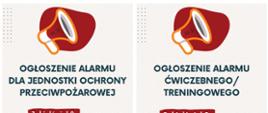 Zdjęcie przedstawia opis dotyczący ogłaszania alarmu dla Jednostek ochrony przeciwpożarowej oraz alarmu treningowego 
