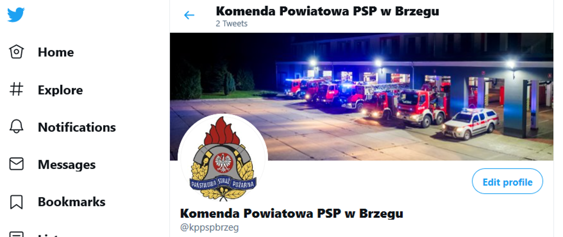 Strona KP PSP w Brzegu dostępna na Twitterze