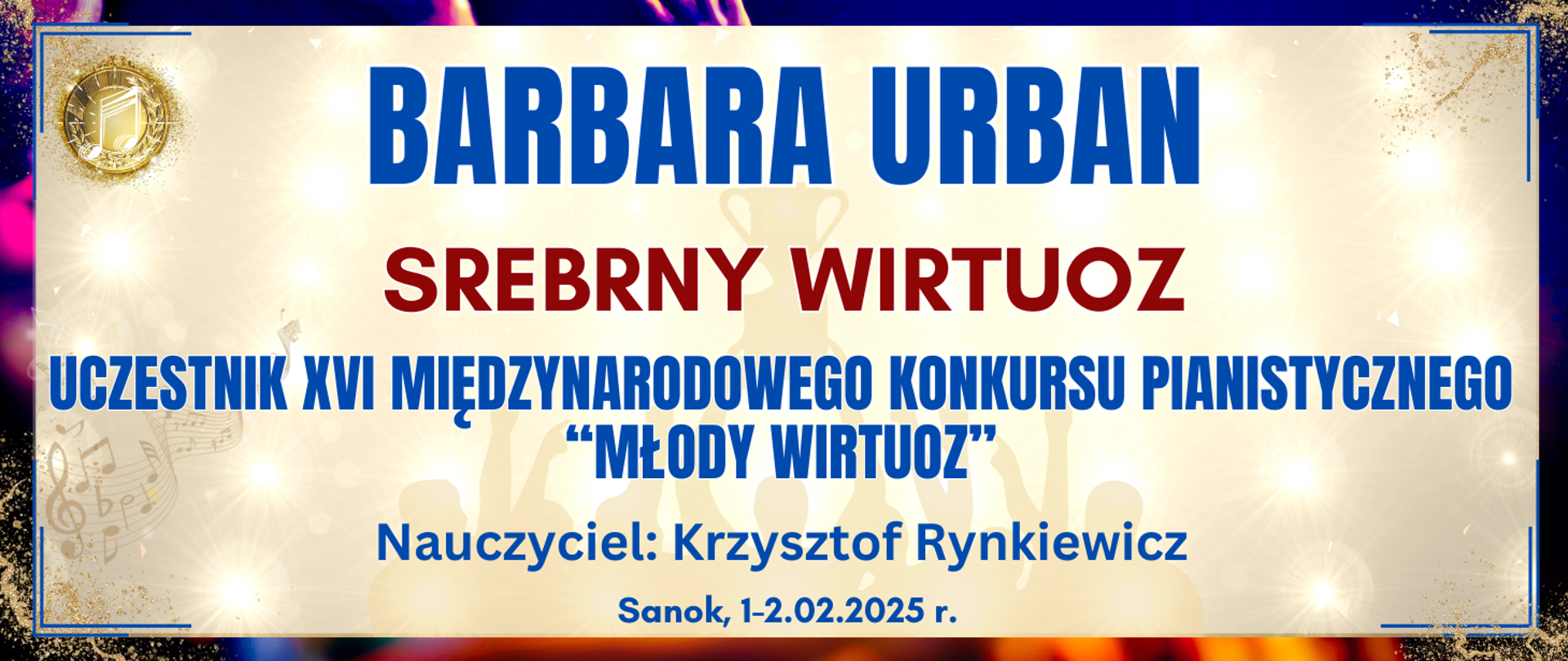 baner z ciemną kolorową ramką, jasne tło w środku z informacją o wyróżnieniu
