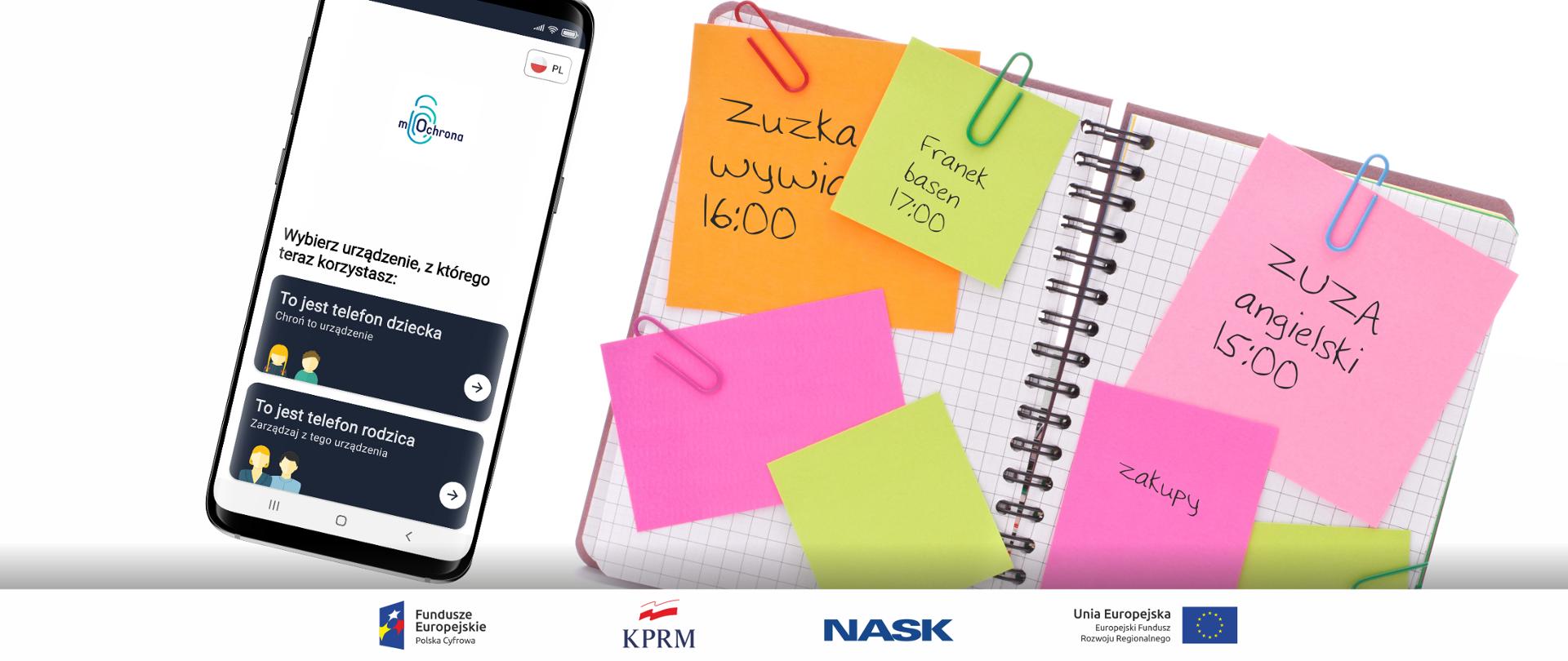 Po lewej stronie smartfon, na którego ekranie widać dwa okna. Na jednym znajduje się tekst: To jest telefon dziecka. Chroń to urządzenie. Niżej, na drugim - tekst: To jest telefon rodzica. Zarządzaj z tego urządzenia. Po prawej stronie notes z przyklejonymi kolorowymi karteczkami: Zuza - angielski - 15.00, zakupy, Franek - basen.