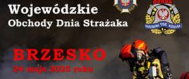Plakat zawiera informację o organizowanych w dniu 24 maja 2025 r. Wojewódzkich Obchodach Dnia Strażaka w KP PSP w Brzesku. 