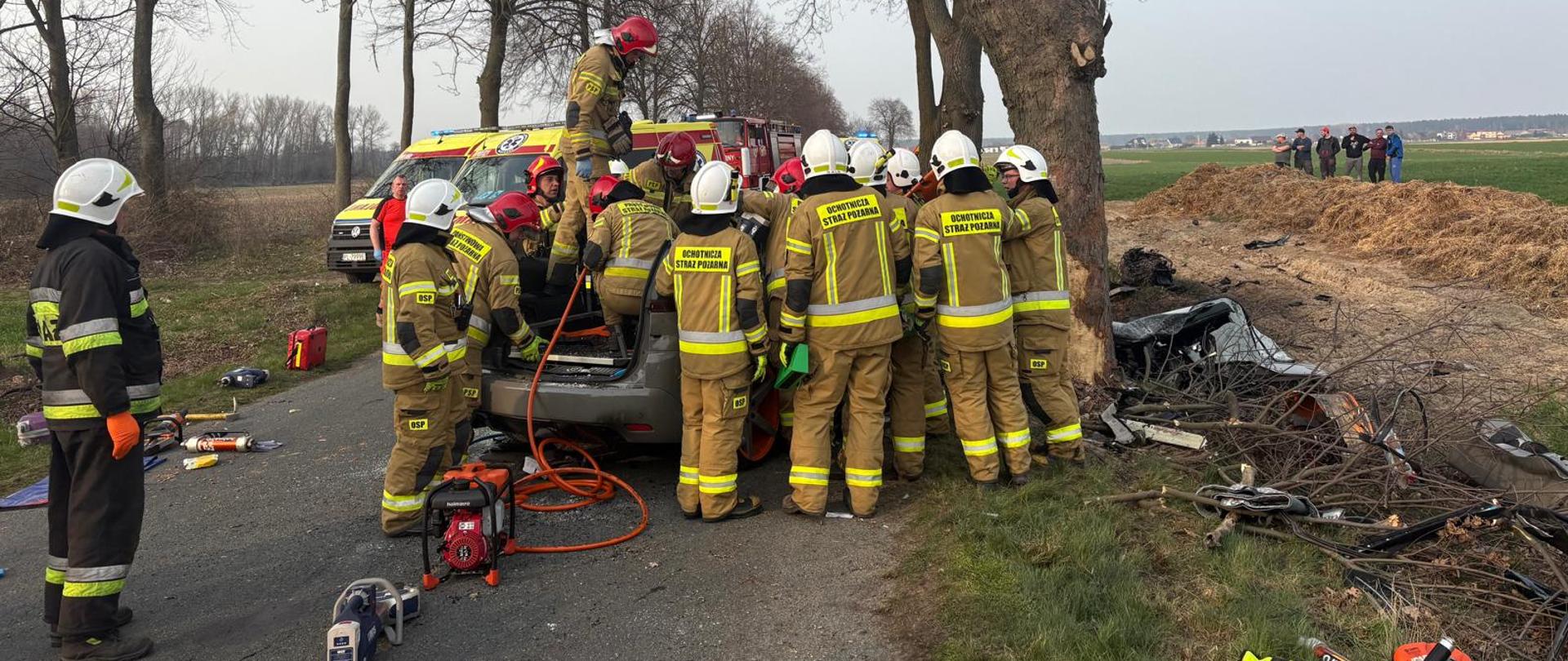 Grupa strażaków wykonująca przy użyciu narzędzi hydraulicznych dostęp do osoby uwięzionej w samochodzie osobowym. Z prawej strony widać uszkodzone drzewo oraz porozrzucane na poboczu elementy samochodu. Z lewej strony narzędzia hydrauliczne leżące na jezdni i poboczu. W tle widać dwie karetki pogotowia, samochód pożarniczy oraz grupę ludzi stojących w polu.
