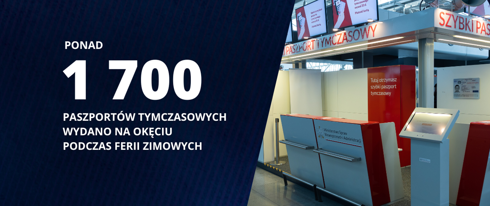 Grafika poglądowa. Z prawej strony zdjęcie punktu paszportowego na lotnisku Chopina. Z lewej napis: Ponad 1,7 tys. paszportów tymczasowych wydano na Okęciu podczas ferii zimowych